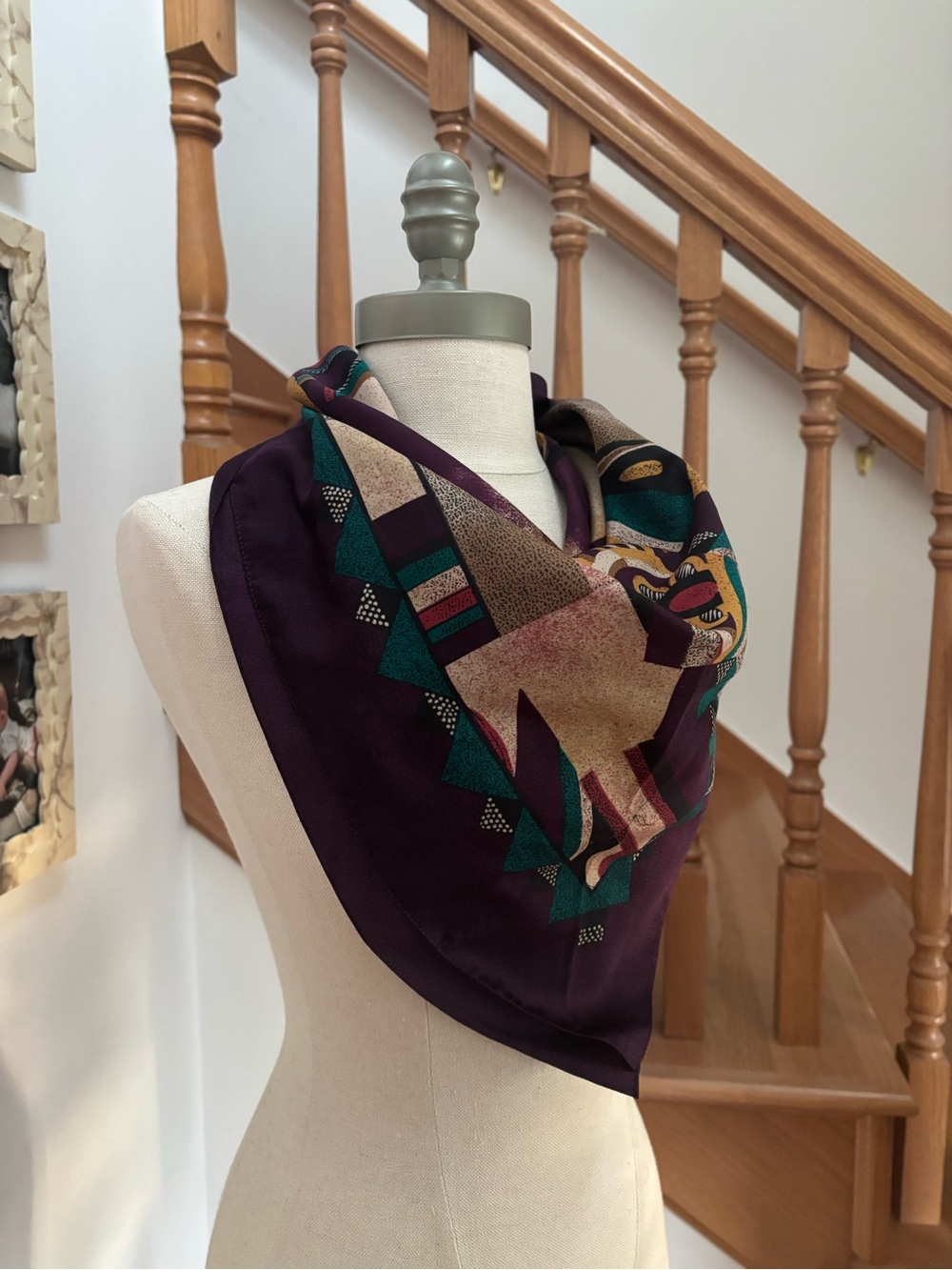 Vintage Abstract Earthtone Geometric Satin Scarf